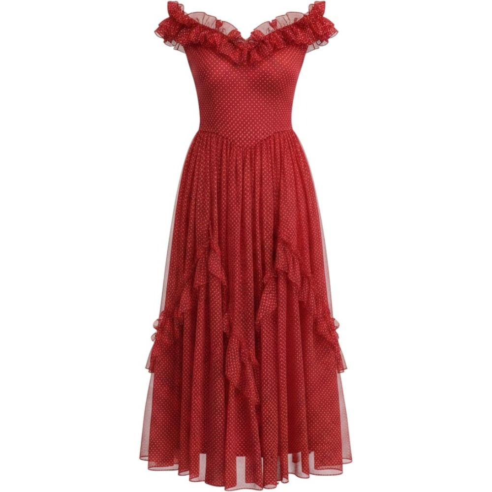 Vintage Gunne Sax Red Polka Dot Ruffle Maxi Dress Jessica McClintock Size 13